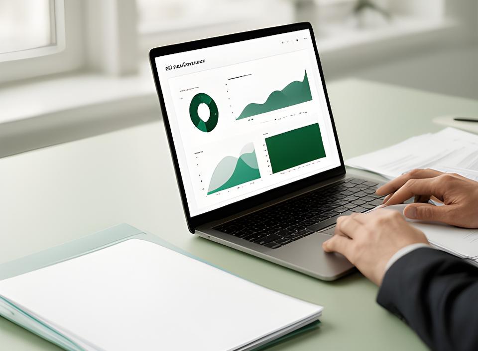 Analyst reviewing data governance notes beside a dashboard screen in a bright modern office