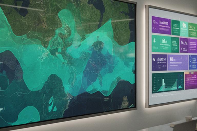 A data design review session with colour-coded report layouts and a large wall display of geographic business insights