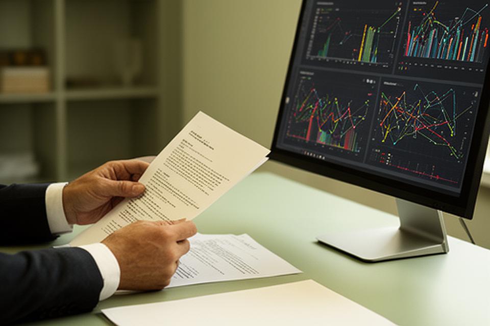 Legal adviser reviewing service documents beside an AI dashboard
